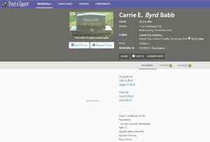 Carrie Ellin Byrd Babb Memorial-Findagrave