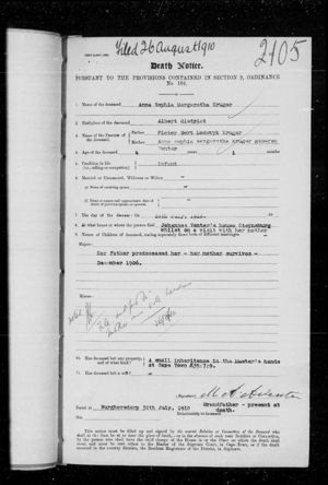 Death Notice: Anna Sophia Margaretha Kruger 1906-1910