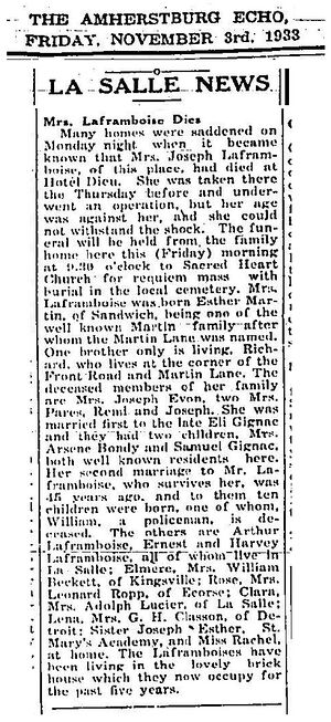 Esther Martin Laframboise - Obituary - The Amherstburg Echo, Amherstburg, Essex, Ontario. Friday 3 Nov 1933, pg 4