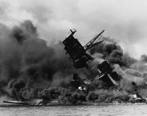 The USS Arizona  burning after the Japanese attack on Pearl Harbor
