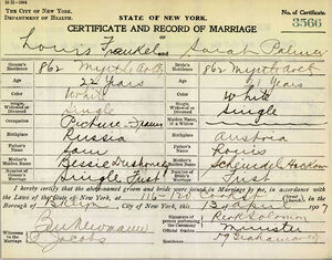 Marriage certificate for Louis Frankel and Sarah Palmer, p1