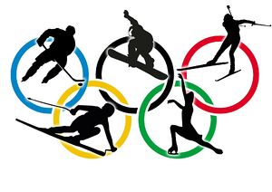 The 2022 Winter Olympics coloured rings with athletes representing ice hockey, snow-boarding, two different events for skiers, and skating.