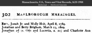 Jonah Rice Junior & Molly Hoit marriage 1789