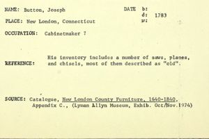 Some of Joseph Button's tools were on display in a 1974 exhibit. This is an index card from that time.