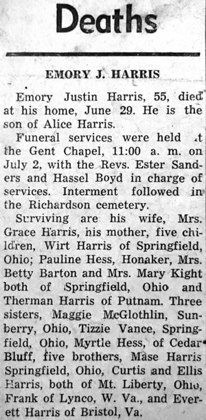 Obituary Clipping for Emory J. Harris