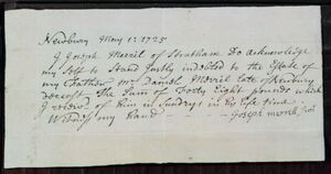 1725 :: Promissory Note to Estate of Daniel Merrill from his son Joseph Merrill