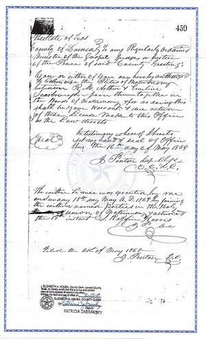 Nancy Emaline Scarborough and Roswell Monroe Arthur - Texas Marriage Record - Lavaca County