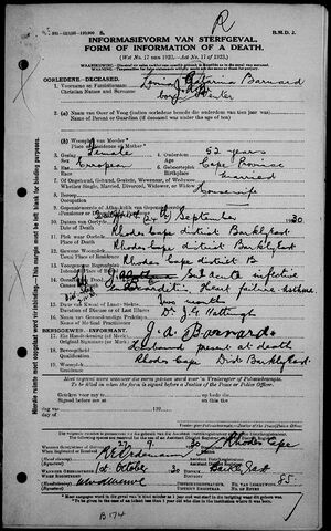 Civil Death Record: Levina Catarina Venter Barnard, 24 Sep 1930
