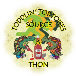 Hertyl and Spertyl Slowsky Tortoises are standing in front of the Source-a-Thon running logo.  The one on the left has a bottle of sauce upended and dripping, while the other holds a spoonful of sauce, also dripping.  Between them is a large bottle of sauce.  Above and between them are the words "Toddlin' Tortoises Source-a-Thon".