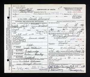 Microfilmed death certificate of Sarah Slusser, #20942 (1936).