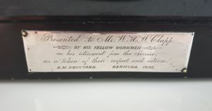 Detail of dedication on WHW Clapp's clock