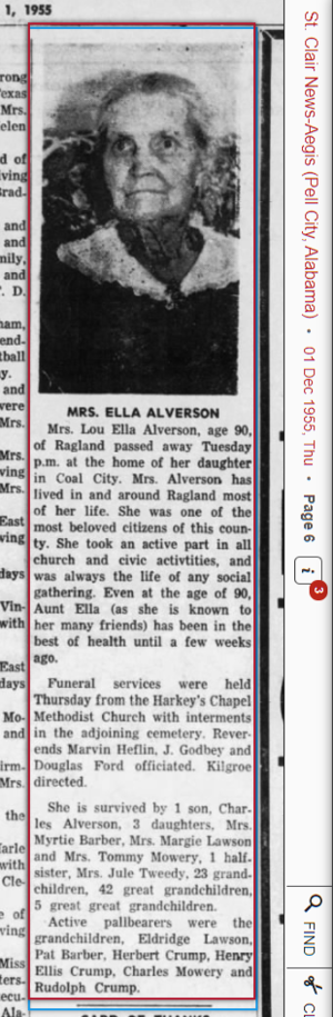 Obituary Lou Ella Harrison Alverson 1865-1955