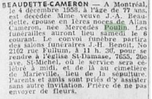 Burial/Death - 1958 Dec 4 - Mercedès Cameron then Beaudette née Poulin at 77 - Montréal, Québec