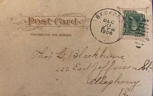 Front of Postcard from EVE Marie Smith to her fiancé Thomas Blacburn 