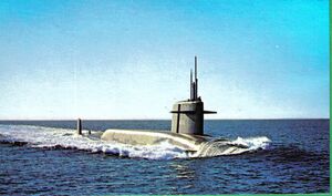 Thomas A. Edison (SSBN-610) is shown with her decks awash in Long Island Sound after commissioning, March 1962.