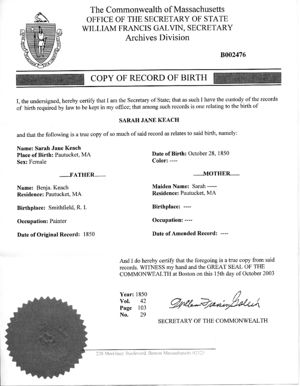 Record of Birth for Sarah Jane Keach in Massachusetts