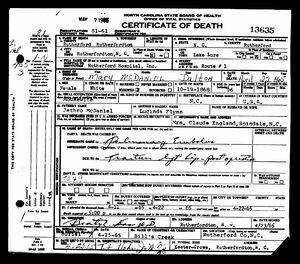 North Carolina, U.S., Death Certificates, 1909-1976 for Lucinda Flynn