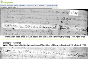 baptismal records for William Allen Jacka, base child of Avis Jacka