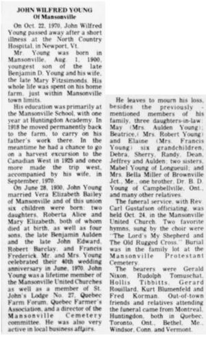 Obituary, John Young, Sherbrooke Record, 16 Dec 1970