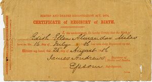 Birth Registration Certificate - Edith Ellen Almandar Miles - Epsom, Surrey - 1886