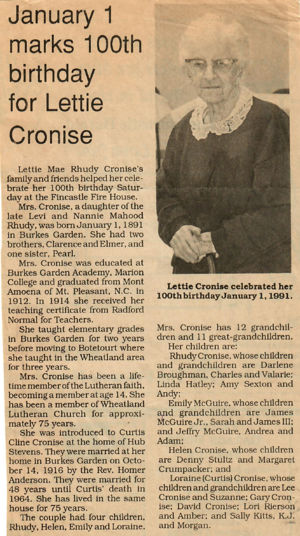 Lettie Rhudy Cronise 100th Birthday