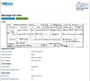 Robert Elliott 1917 marriage to Margaret Armstrong certificate