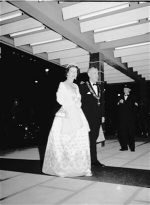 Royal visit to Canada 1959, Photograph of:  Albert Thomas Alsbury & Queen Elizabeth ii during the opening ceremony for the Queen Elizabeth Theatre.