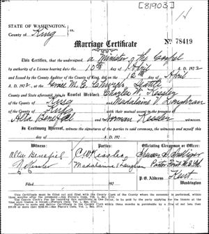 Marriage Certificate for Charles W. Kessler and Madalaine V Longhran