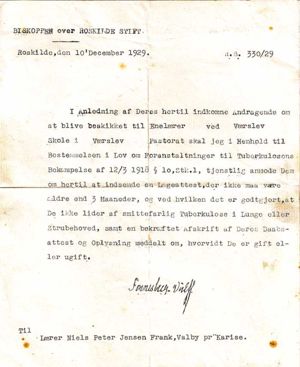 N.P.J. Frank - Anmodning om indsendelse af lægeattest i forbindelse med beskikkelse som enelærer i Værslev 1929