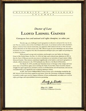 University of Missouri Doctor of Law Degree to Lloyd Lionel Gaines