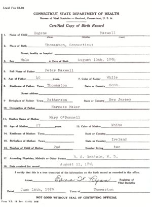 Peter(Eugene) Maxwell Birth Certificate