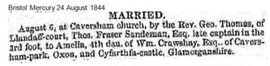 Marriage of Amelia CRAWSHAY to Captain Thomas Fraser SANDEMAN
