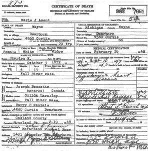 Marie J. Ament death certificate