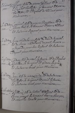 Baptismal record Marie Villiers : 1701-08-07