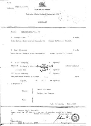 Joseph Cox and Mary Maloney Marriage Certificate