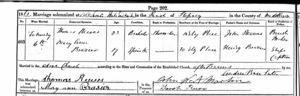 Register showing the marriage of Thomas Reeves and Mary Ann Brazier