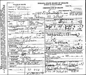 Indiana Death Certificate for Henry M. Scott
