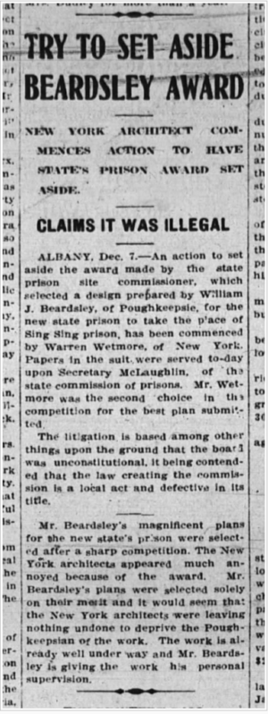 William J. Beardsley of Poughkespie, New York, awarded contract to construction of new state prison 12/8/1908