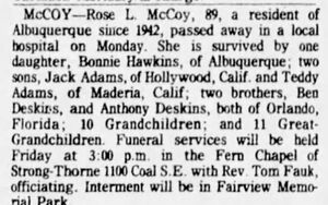 McCoy, Rose Lee Deskins Adams McCoy Obit 89 (2 Jun 1895-13 Aug 1984)