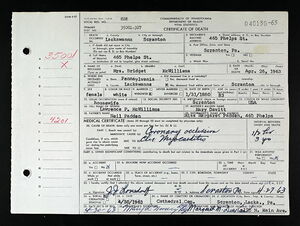 Bridget McWilliams death certificate