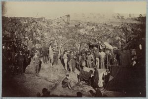 Andersonville Prison, Georgia, 17 August 1864. Issuing rations, view from main gate