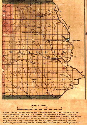 Map of Creek Territory in Russell County, Alabama (1833), highlighting the location of Benjamin Marshall's plantation