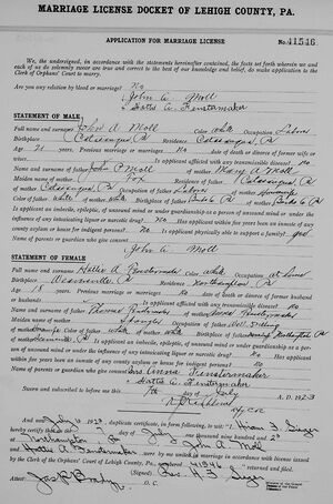 John A Moll and Hattie A Fenstermaker marriage certificate