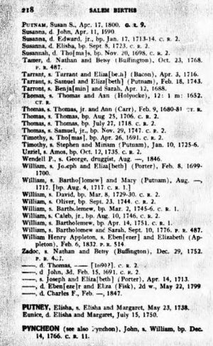 Salem Births; Putnam Family