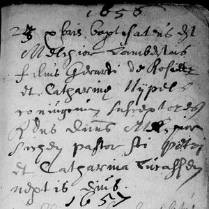 Christening registration Melchior Lambertus De Rosier, Sint Pieter 25 Dec 1656