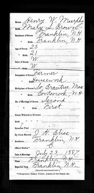 Henry W Murphy & Mary L Brown Marriage Record - Front