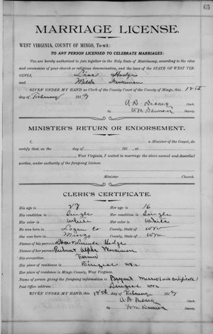 Liss Hodge and Milda Workman Marriage Record