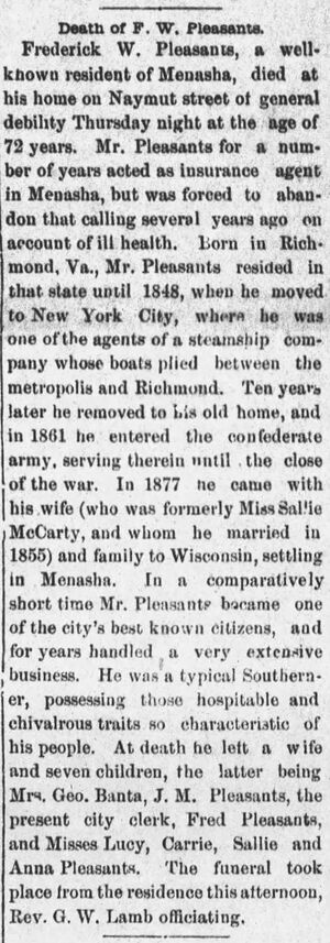 F. W. Pleasants Obituary