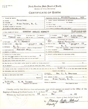 Dorothy's birth Certificate