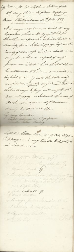 Copy Memo: From Col Stephens Letter of 8th May 1854